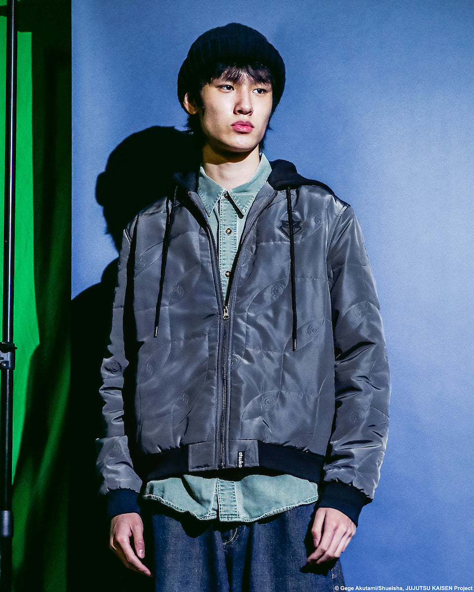 Male modeling Atsuko Infinite Void Gray Hooded Bomber Jacket featuring a sleek gray design, soft hood, and modern bomber fit.