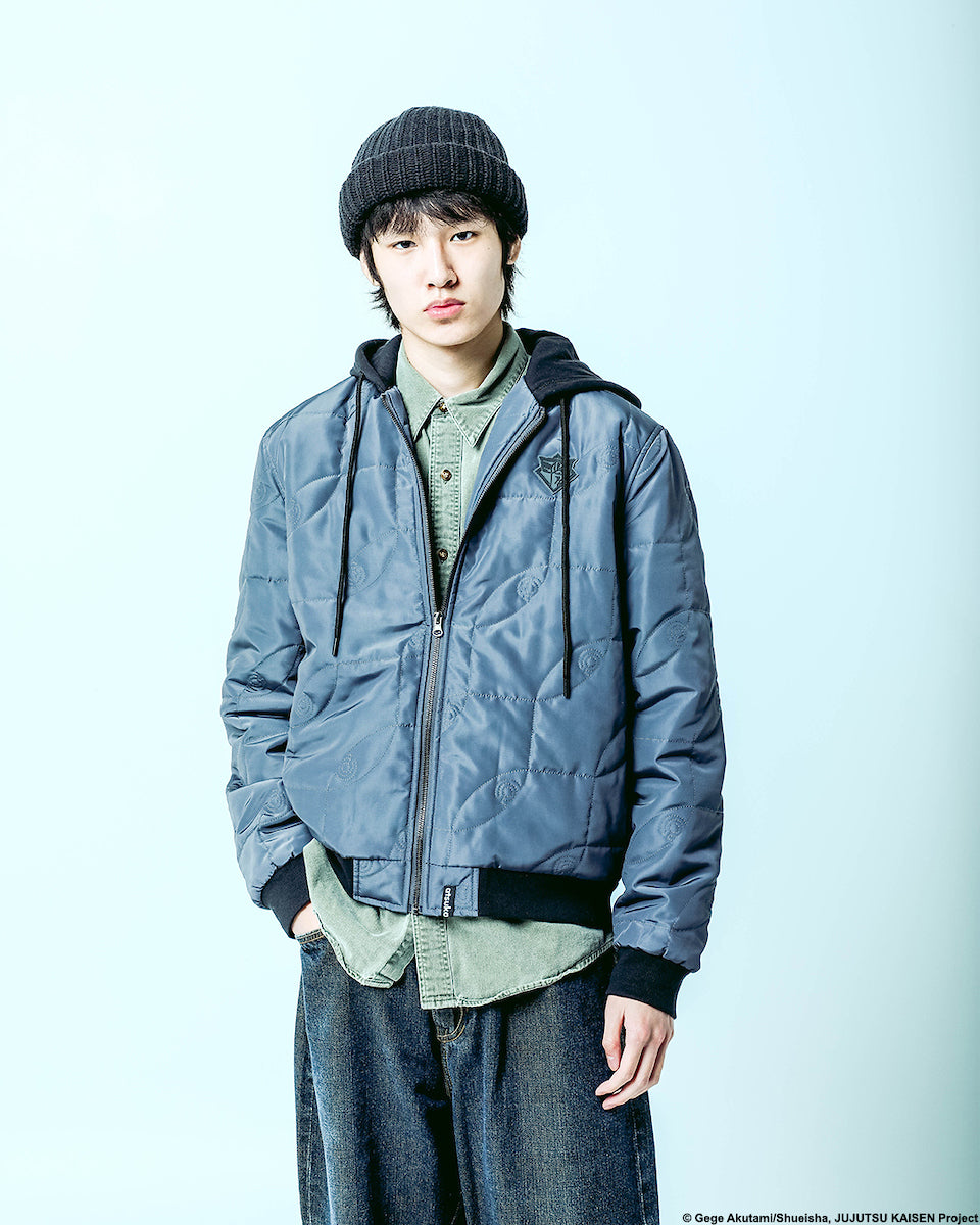 Full front view of male modeling Atsuko Infinite Void Gray Hooded Bomber Jacket featuring a sleek gray design, soft hood, and modern bomber fit.