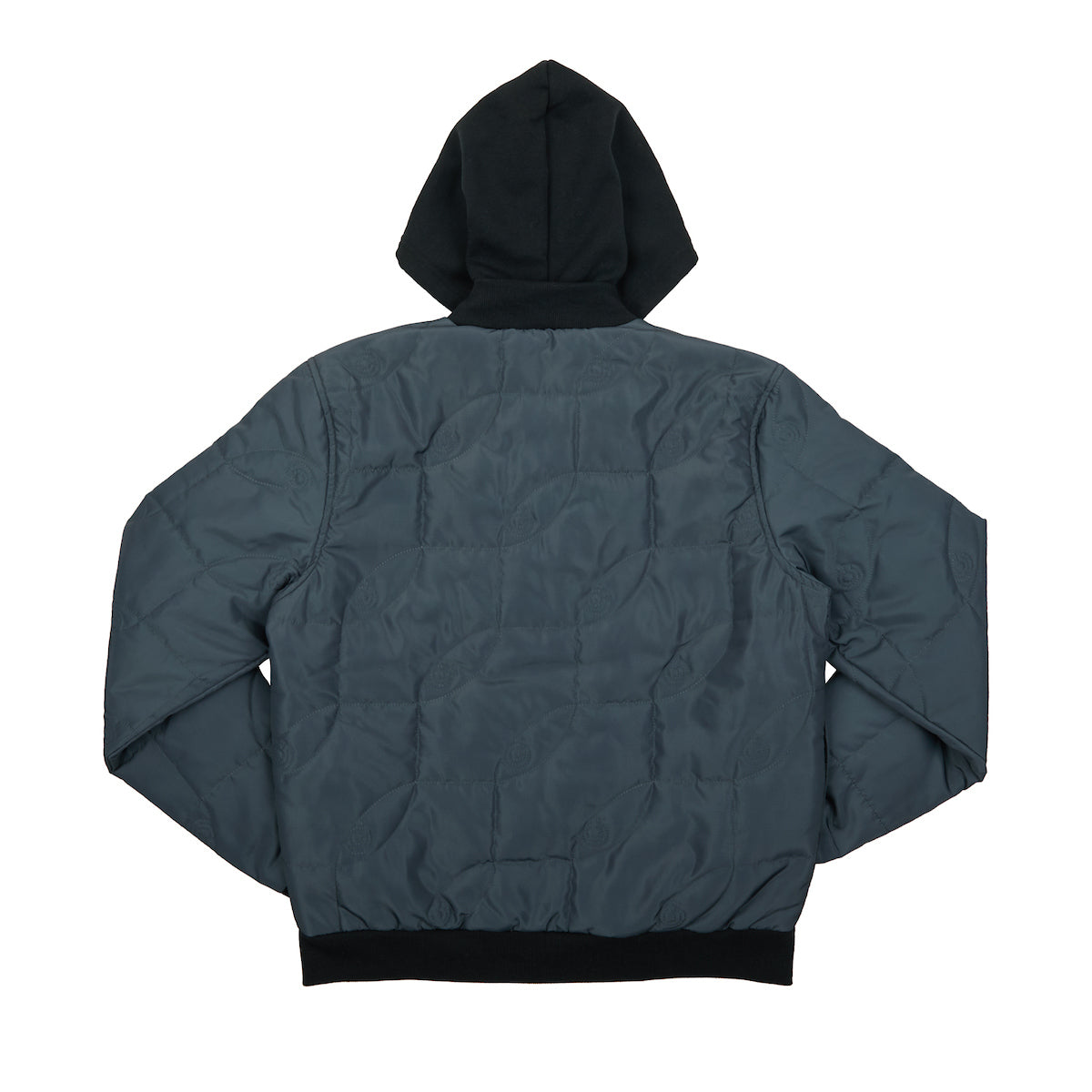 Back view of Atsuko Infinite Void Gray Hooded Bomber Jacket featuring a sleek gray design, soft hood, and modern bomber fit.