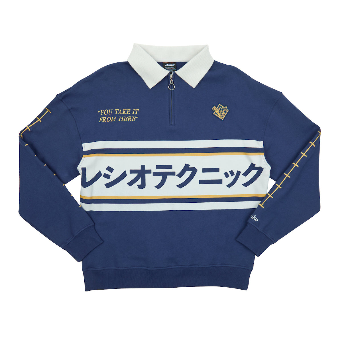 Atsuko Kento Nanami Blue & Yellow Quarter-Zip Pullover with a navy blue base, white and yellow stripes, Japanese text across the chest, and a white collar with a ring zipper.